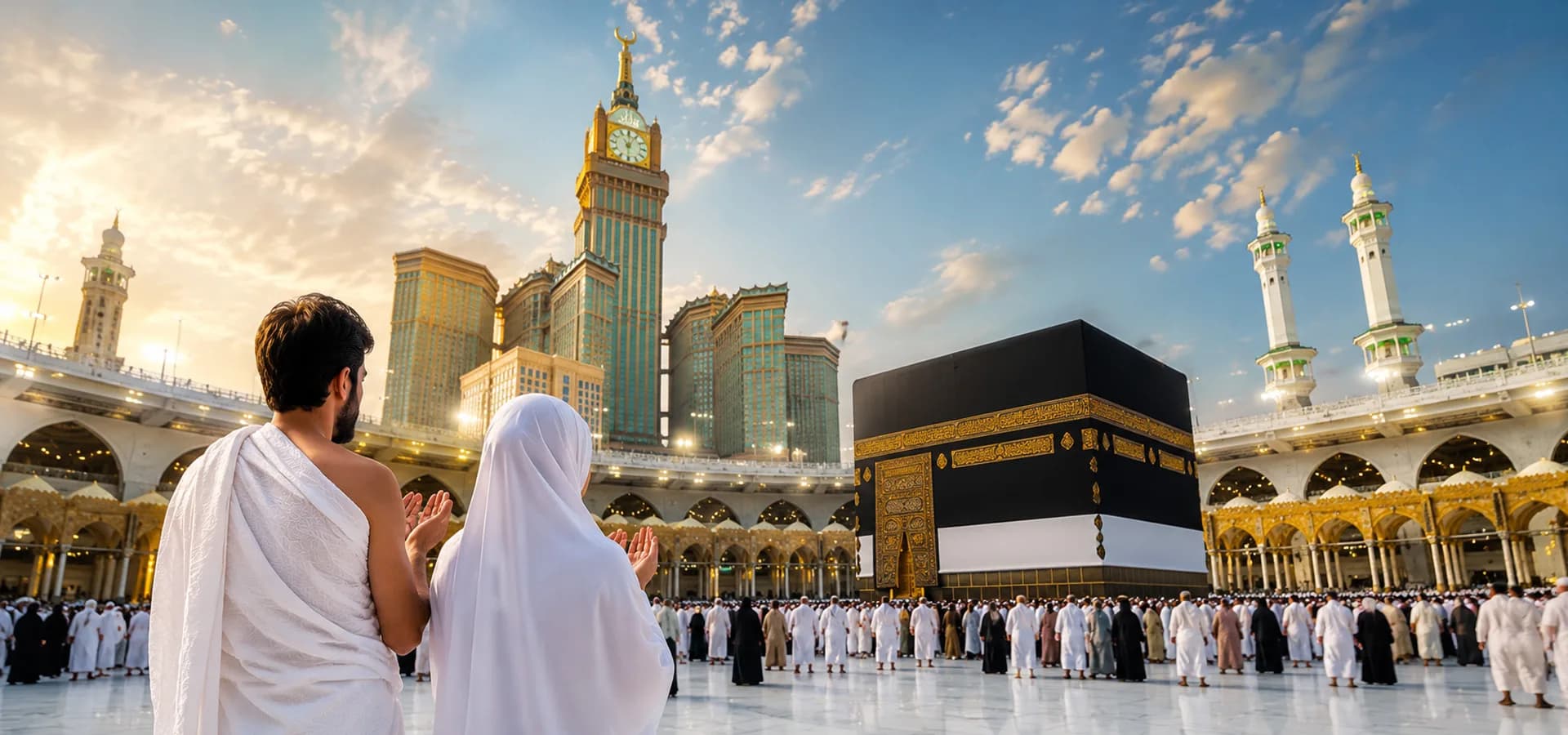 Pilgrims in ihram praying before the Kaaba with the Makkah clock tower behind