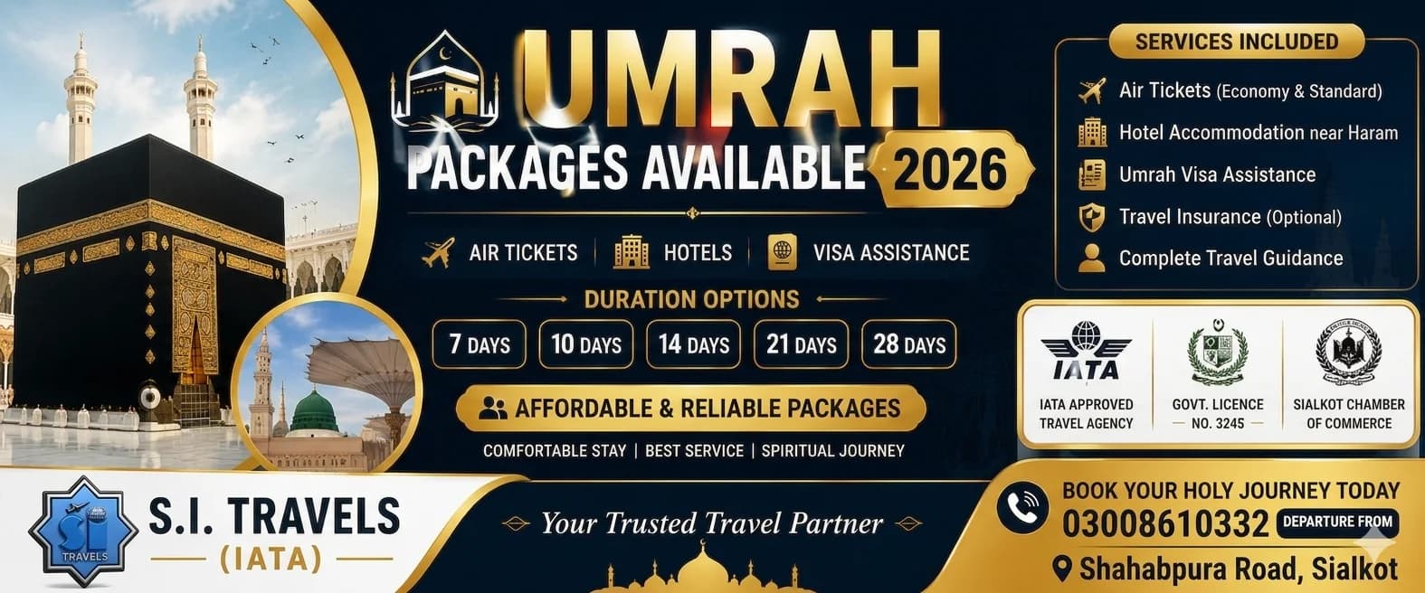 SI Travels Umrah packages 2026 banner listing 7, 10, 14, 21 and 28 day options and what is included